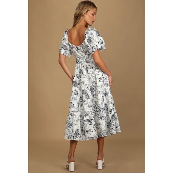 Lulus Dress‎ Blue White Tropical Sunshine White Floral Print Tiered Midi Large - Picture 2 of 16
